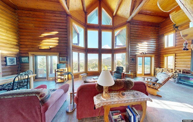 11 Heather Ln, Lander, WY 82520 - living area featuring high vaulted ceiling, rustic walls, and a wooden ceiling with exposed beams