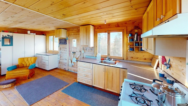 11 Heather Ln, Lander, WY 82520 - kitchen with under cabinet range hood, light wood-style floors, wooden ceiling, and range