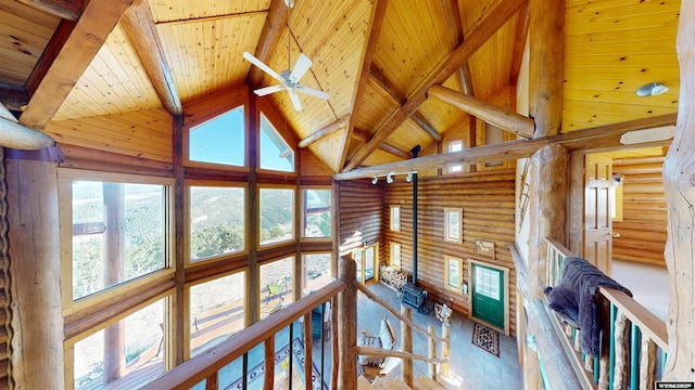 11 Heather Ln, Lander, WY 82520 - unfurnished living room featuring log walls, a wood ceiling with exposed beams, plenty of natural light, high vaulted ceiling, and ceiling fan