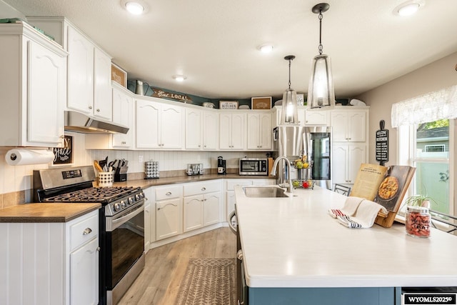 750 N Adams Ave, Buffalo, WY 82834 - kitchen with stainless steel appliances, a center island with sink, under cabinet range hood, light wood-style floors, and white cabinets