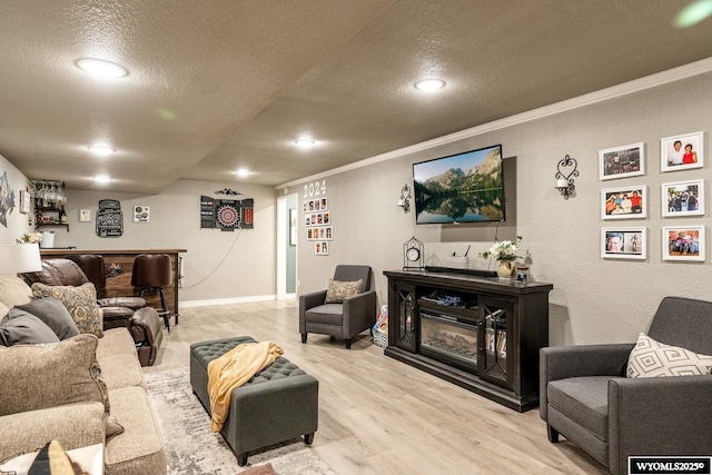 750 N Adams Ave, Buffalo, WY 82834 - living room with a textured ceiling, a bar, wood finished floors, ornamental molding, and a glass covered fireplace