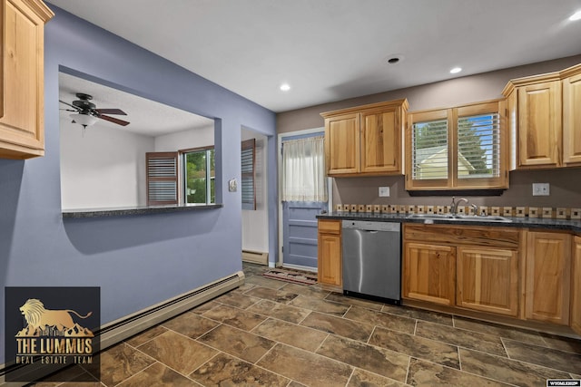 3710 Arroyo Dr, Casper, WY 82604 - kitchen with stainless steel dishwasher, a baseboard heating unit, dark countertops, a ceiling fan, and recessed lighting