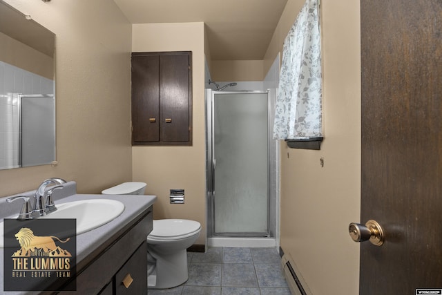 3710 Arroyo Dr, Casper, WY 82604 - bathroom featuring vanity, a shower stall, tile patterned floors, and baseboard heating