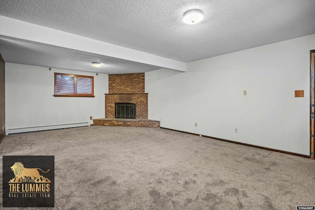 3710 Arroyo Dr, Casper, WY 82604 - unfurnished living room with a baseboard heating unit, a textured ceiling, carpet flooring, and a brick fireplace