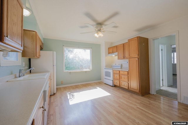 216 Mcclellan St, Rock Springs, WY 82901 - kitchen featuring white appliances, under cabinet range hood, a ceiling fan, light countertops, and light wood-type flooring