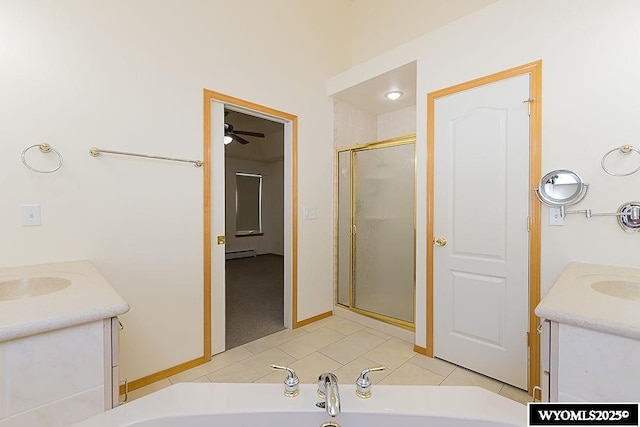 2215 Silver Creek Dr, Rock Springs, WY 82901 - bathroom with vanity, a stall shower, and ceiling fan