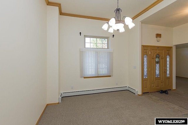 2215 Silver Creek Dr, Rock Springs, WY 82901 - carpeted entrance foyer featuring a baseboard radiator, crown molding, and a chandelier