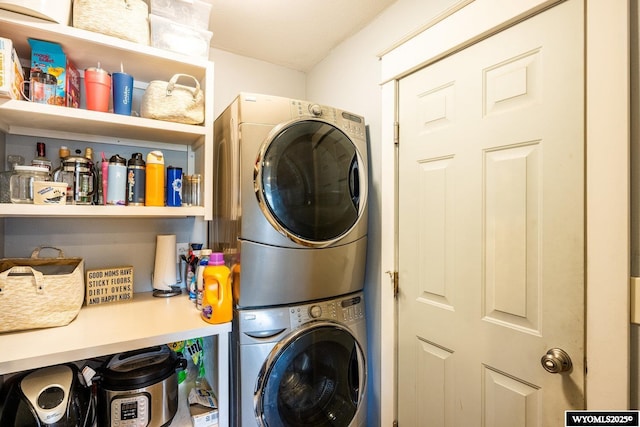 1343 Silverton Dr, Ranchester, WY 82839 - laundry room featuring stacked washer and clothes dryer