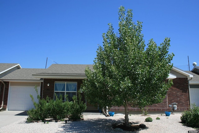 321 N Platte River Dr, Guernsey, WY 82214 - obstructed view of property featuring brick siding, an attached garage, a shingled roof, and concrete driveway