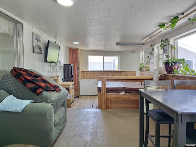 313 Cottonwood St, Evanston, WY 82930 - living area with a textured ceiling, wood walls, and wainscoting