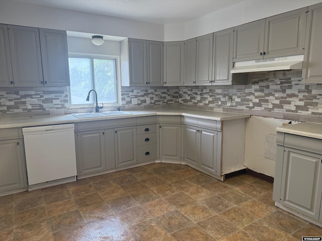 524 E Murray St, Rawlins, WY 82301 - kitchen featuring dishwasher, under cabinet range hood, gray cabinetry, and decorative backsplash