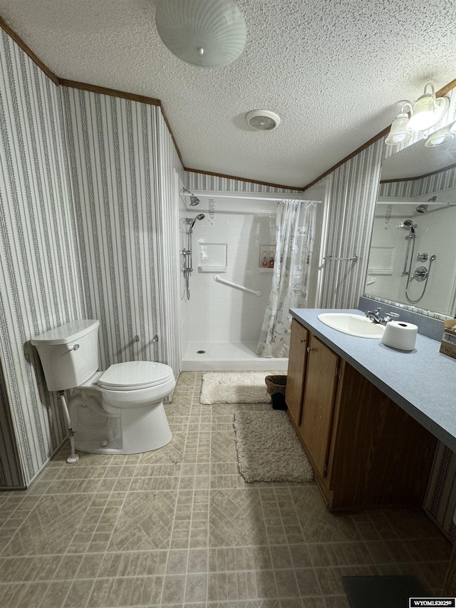 1700 Swanson # 89, Rock Springs, WY 82901 - full bath featuring wallpapered walls, a shower stall, a textured ceiling, vanity, and ornamental molding