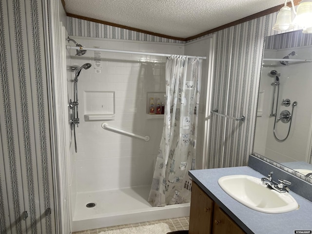 1700 Swanson # 89, Rock Springs, WY 82901 - full bath featuring wallpapered walls, a shower stall, a textured ceiling, crown molding, and vanity