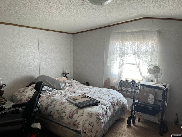 1700 Swanson # 89, Rock Springs, WY 82901 - carpeted bedroom featuring ornamental molding, a textured ceiling, and vaulted ceiling