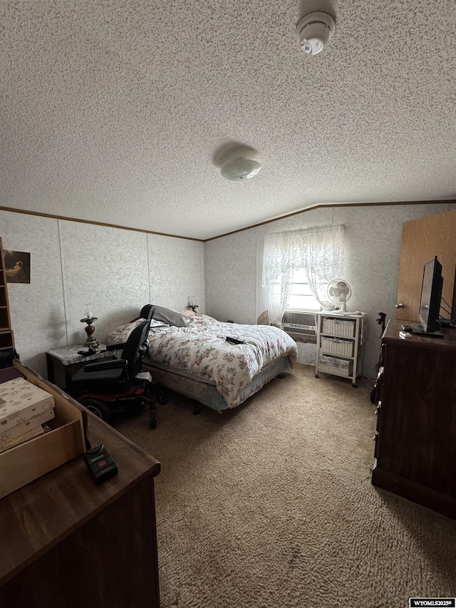 1700 Swanson # 89, Rock Springs, WY 82901 - bedroom featuring a textured ceiling, carpet floors, a textured wall, and vaulted ceiling
