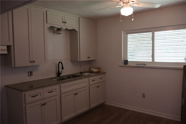 1905 Loritte Dr, Corpus Christi, TX 78416 - kitchen with a ceiling fan, white cabinetry, and dark wood-style floors
