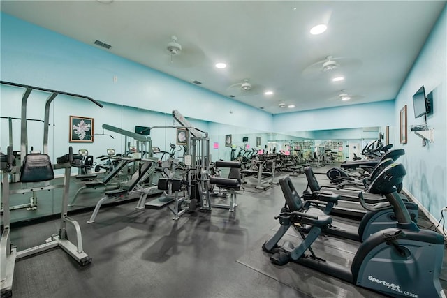 workout area featuring visible vents and recessed lighting