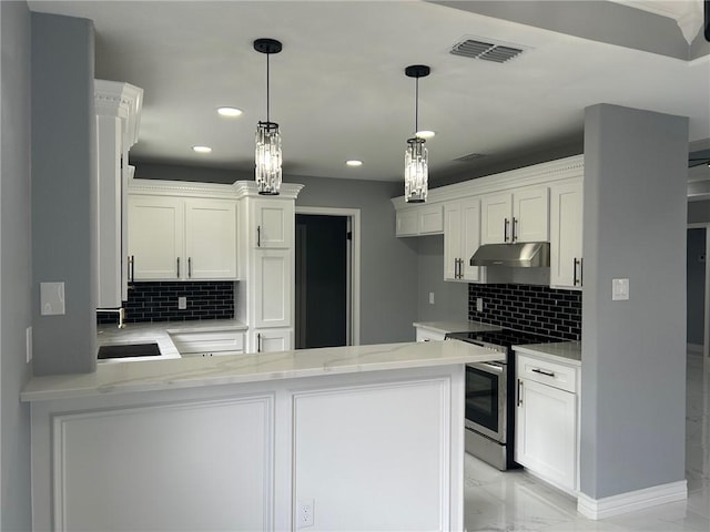 kitchen with white cabinetry, decorative light fixtures, stainless steel range with electric cooktop, and kitchen peninsula