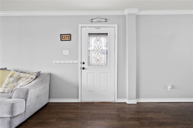 entryway with dark wood-type flooring and ornamental molding