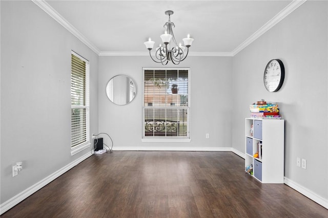 unfurnished dining area with dark wood-type flooring, plenty of natural light, and a chandelier