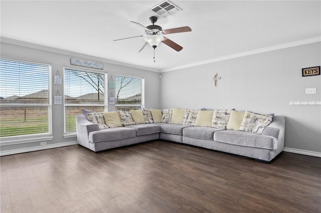 living room featuring crown molding and dark hardwood / wood-style floors