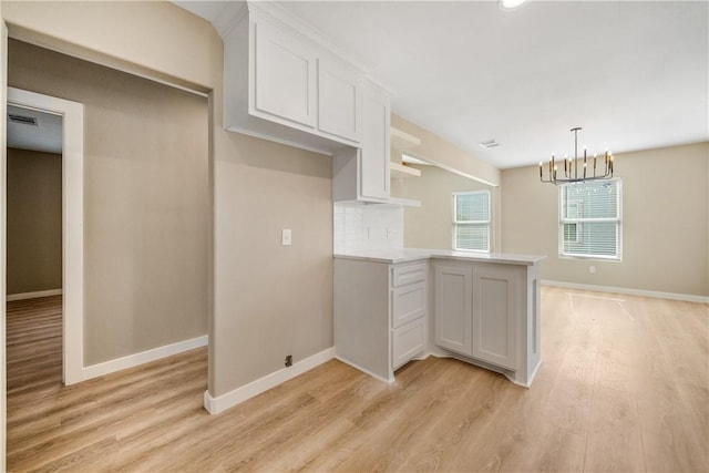 kitchen featuring light wood-type flooring, open shelves, white cabinetry, a peninsula, and decorative backsplash