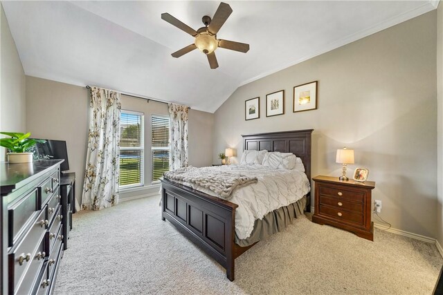 7217 Dunns Point Dr, Corpus Christi, TX 78414 - bedroom with light colored carpet, lofted ceiling, a ceiling fan, and crown molding