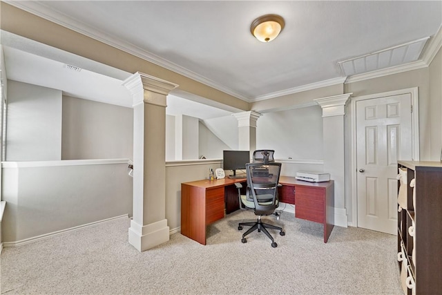 7217 Dunns Point Dr, Corpus Christi, TX 78414 - home office with ornate columns, carpet floors, and crown molding