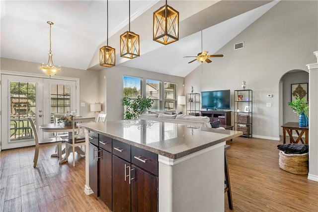 7217 Dunns Point Dr, Corpus Christi, TX 78414 - kitchen featuring arched walkways, a ceiling fan, dark brown cabinetry, light wood finished floors, and high vaulted ceiling