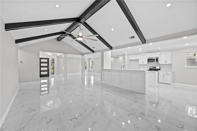 6417 Coral Gables Dr, Corpus Christi, TX 78413 - unfurnished living room featuring light marble finish flooring, decorative columns, recessed lighting, plenty of natural light, and ceiling fan