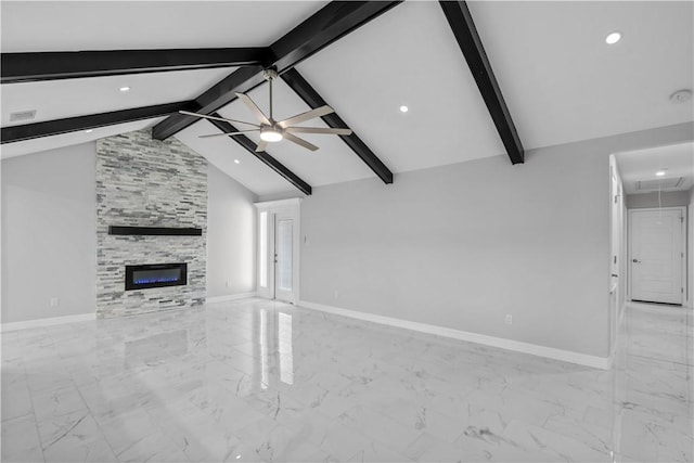 6417 Coral Gables Dr, Corpus Christi, TX 78413 - unfurnished living room featuring a ceiling fan, light marble finish flooring, attic access, a tile fireplace, and recessed lighting