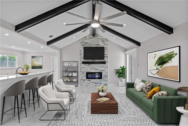 6417 Coral Gables Dr, Corpus Christi, TX 78413 - living area with recessed lighting, a large fireplace, light marble finish flooring, built in features, and ceiling fan