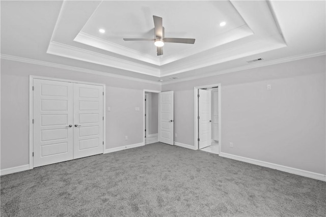 6417 Coral Gables Dr, Corpus Christi, TX 78413 - unfurnished bedroom with a raised ceiling, carpet, ornamental molding, recessed lighting, and ceiling fan