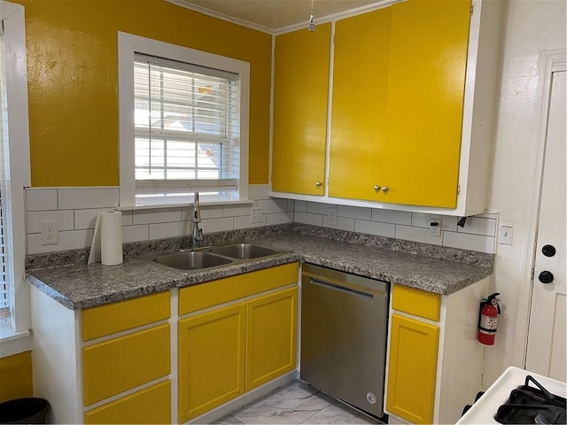 kitchen featuring dishwasher, sink, tasteful backsplash, crown molding, and range