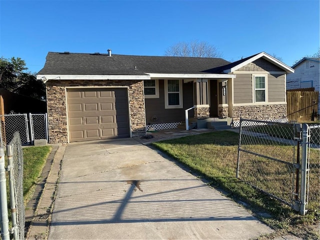 ranch-style house with a front yard and a garage