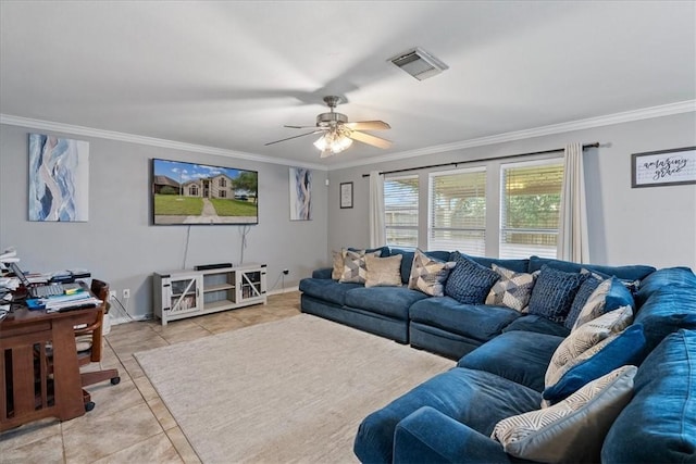 3901 Gibraltar Dr, Corpus Christi, TX 78414 - living area with crown molding, light tile patterned flooring, a ceiling fan, and baseboards