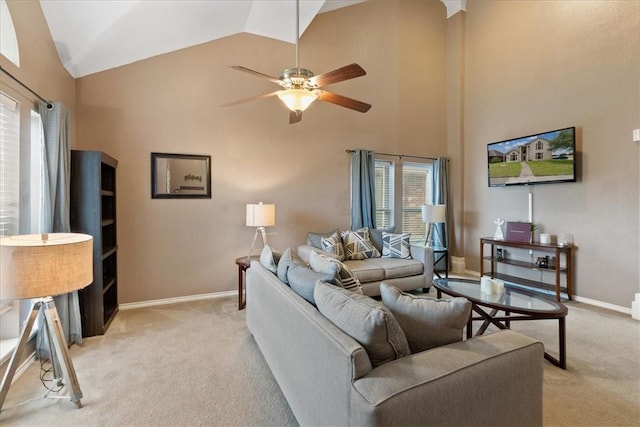 3901 Gibraltar Dr, Corpus Christi, TX 78414 - living area with light carpet, high vaulted ceiling, ceiling fan, and baseboards