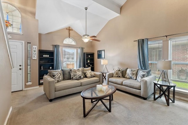 3901 Gibraltar Dr, Corpus Christi, TX 78414 - carpeted living area with healthy amount of natural light, high vaulted ceiling, baseboards, and ceiling fan