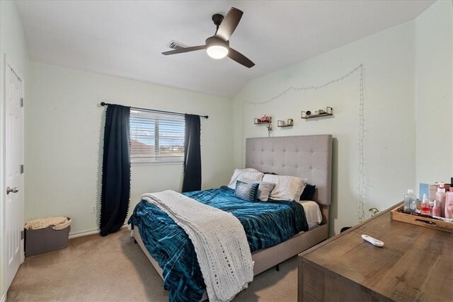 3901 Gibraltar Dr, Corpus Christi, TX 78414 - bedroom with light colored carpet, vaulted ceiling, and a ceiling fan