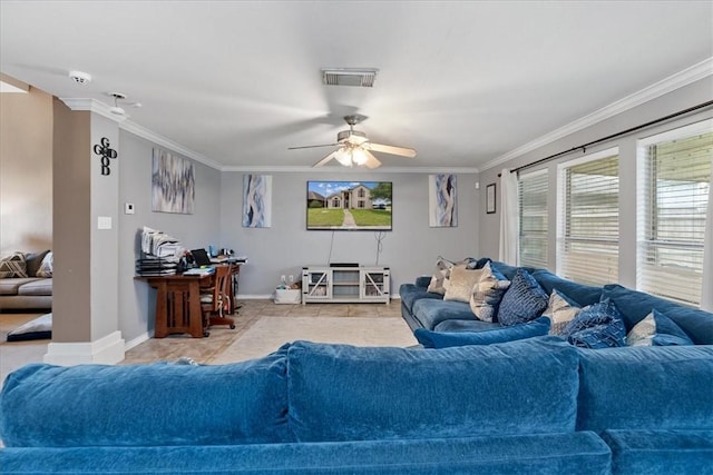 3901 Gibraltar Dr, Corpus Christi, TX 78414 - living area with ornamental molding, a ceiling fan, baseboards, and tile patterned flooring