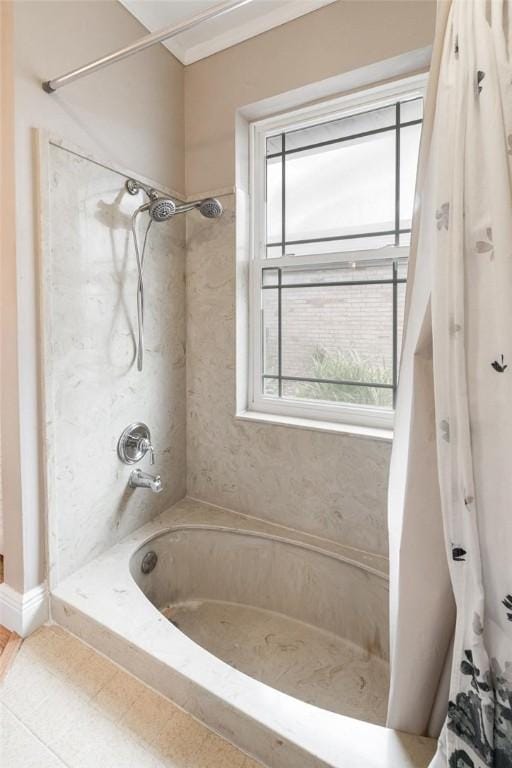 full bathroom with shower / bathtub combination with curtain