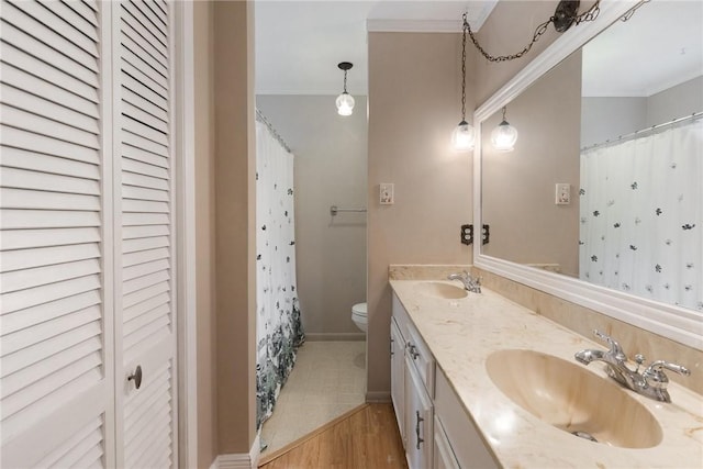 full bathroom with double vanity, a closet, a sink, and wood finished floors