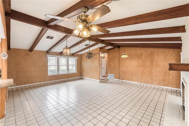 unfurnished living room with ceiling fan, visible vents, and wooden walls