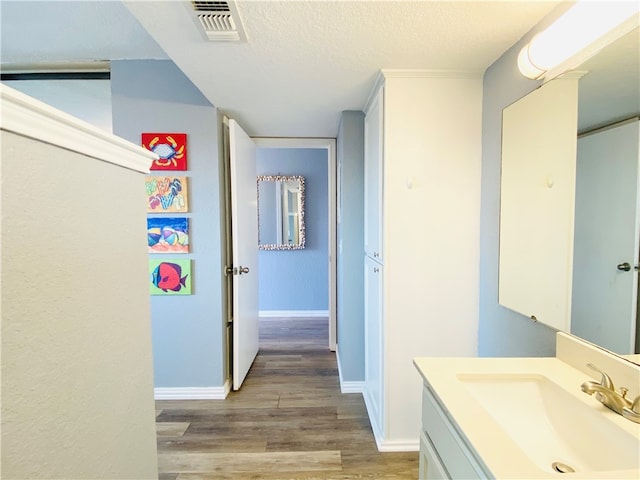 bathroom with wood-type flooring, vanity, and a textured ceiling