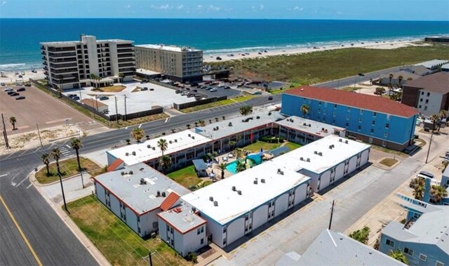 aerial view featuring a water view and a view of the beach