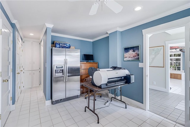 office featuring ceiling fan, ornamental molding, and light tile patterned flooring