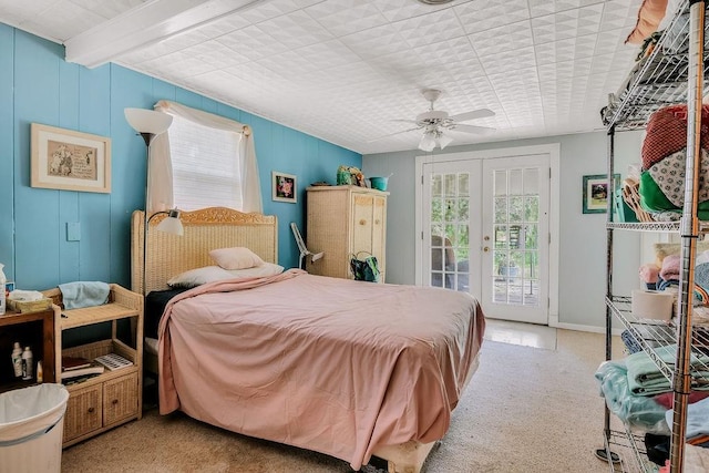 540 Jacoby Ln, Aransas Pass, TX 78336 - bedroom with carpet, access to exterior, french doors, a ceiling fan, and beamed ceiling