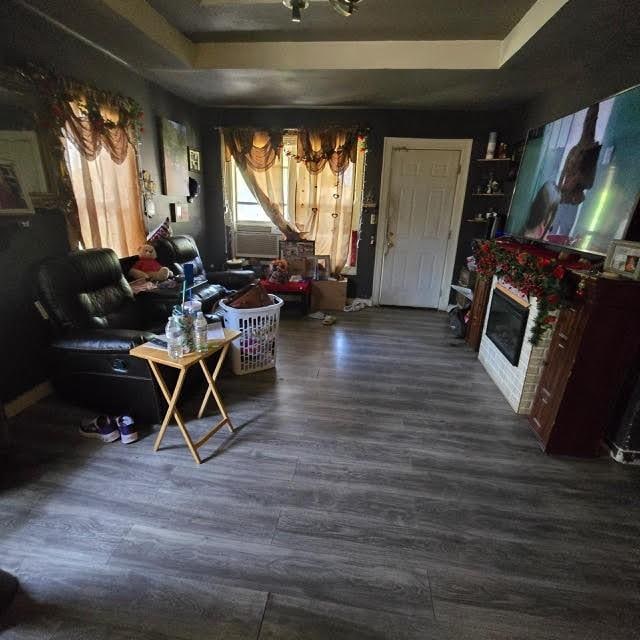 738 W 1st St, Alice, TX 78332 - living area with wood finished floors, a tray ceiling, and a glass covered fireplace