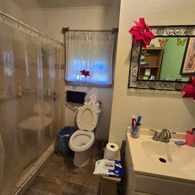 738 W 1st St, Alice, TX 78332 - full bath featuring curtained shower, toilet, vanity, and tile patterned flooring