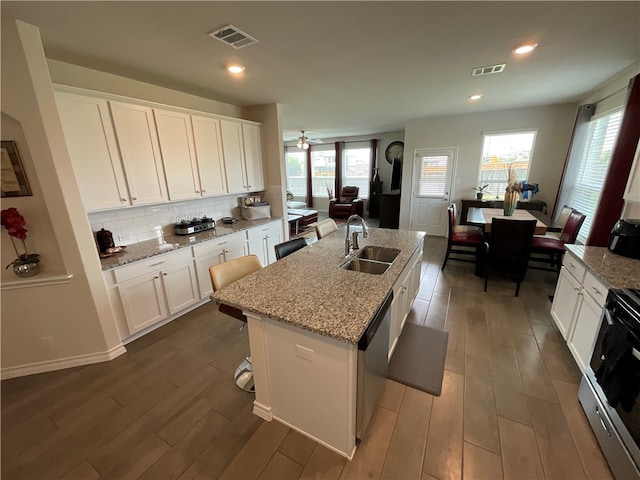 kitchen featuring dark hardwood / wood-style flooring, sink, an island with sink, and white cabinets